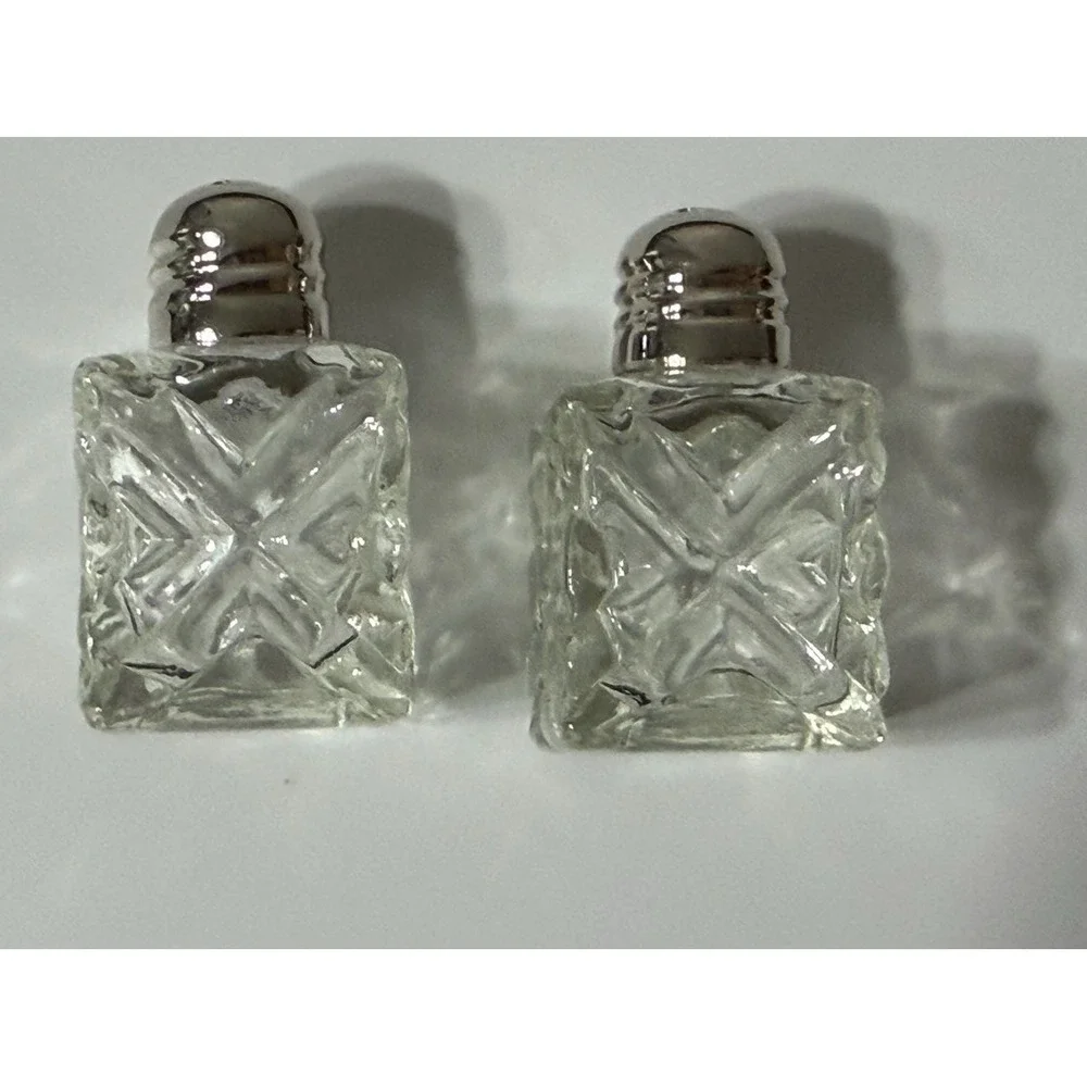 Vtg Star Glass Works Pressed Glass & Silverplate Square Salt & Pepper Shakers